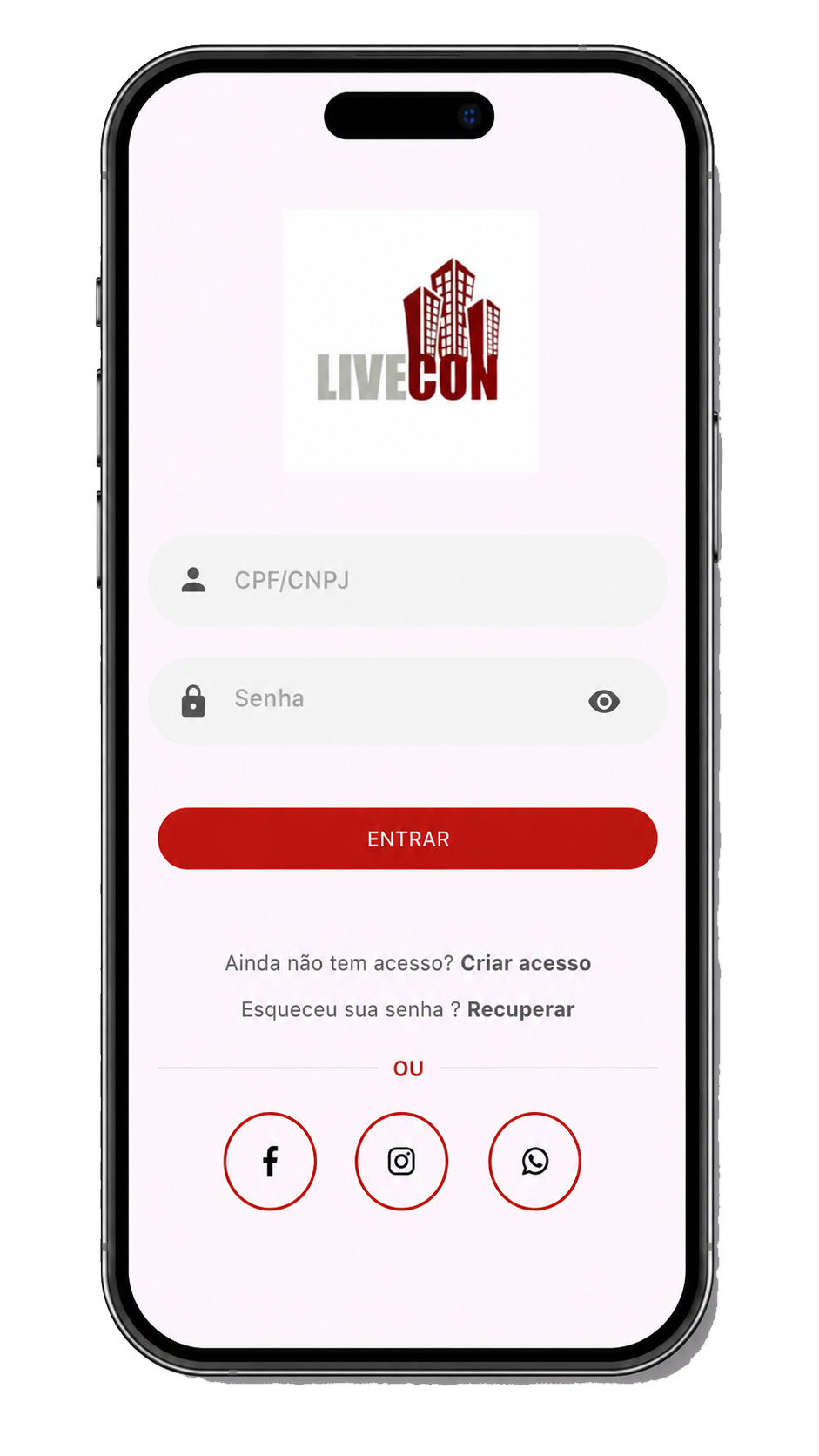 Tela do aplicativo LiveCon para primeiro acesso